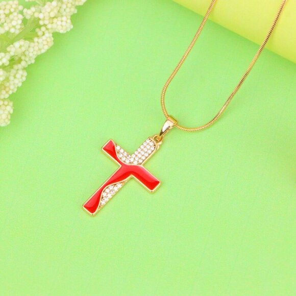 "Rose Gold Cross Pendant with Red Enamel and CZ Stone Detailing, XPPT1399 - Picture 12 of 13